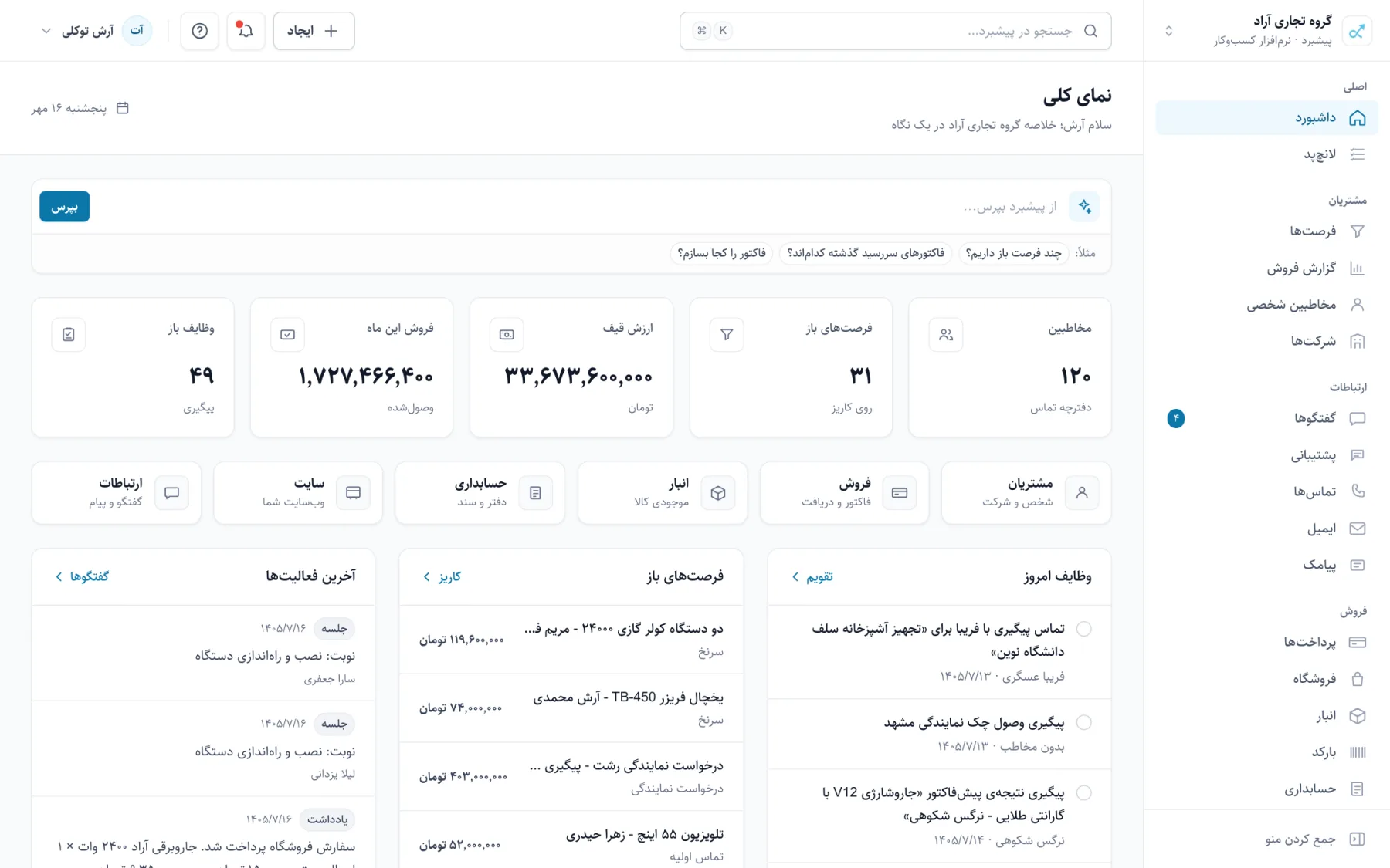 داشبورد پیشبرد با شاخصهای فروش، کادر بپرس و کارهای امروز