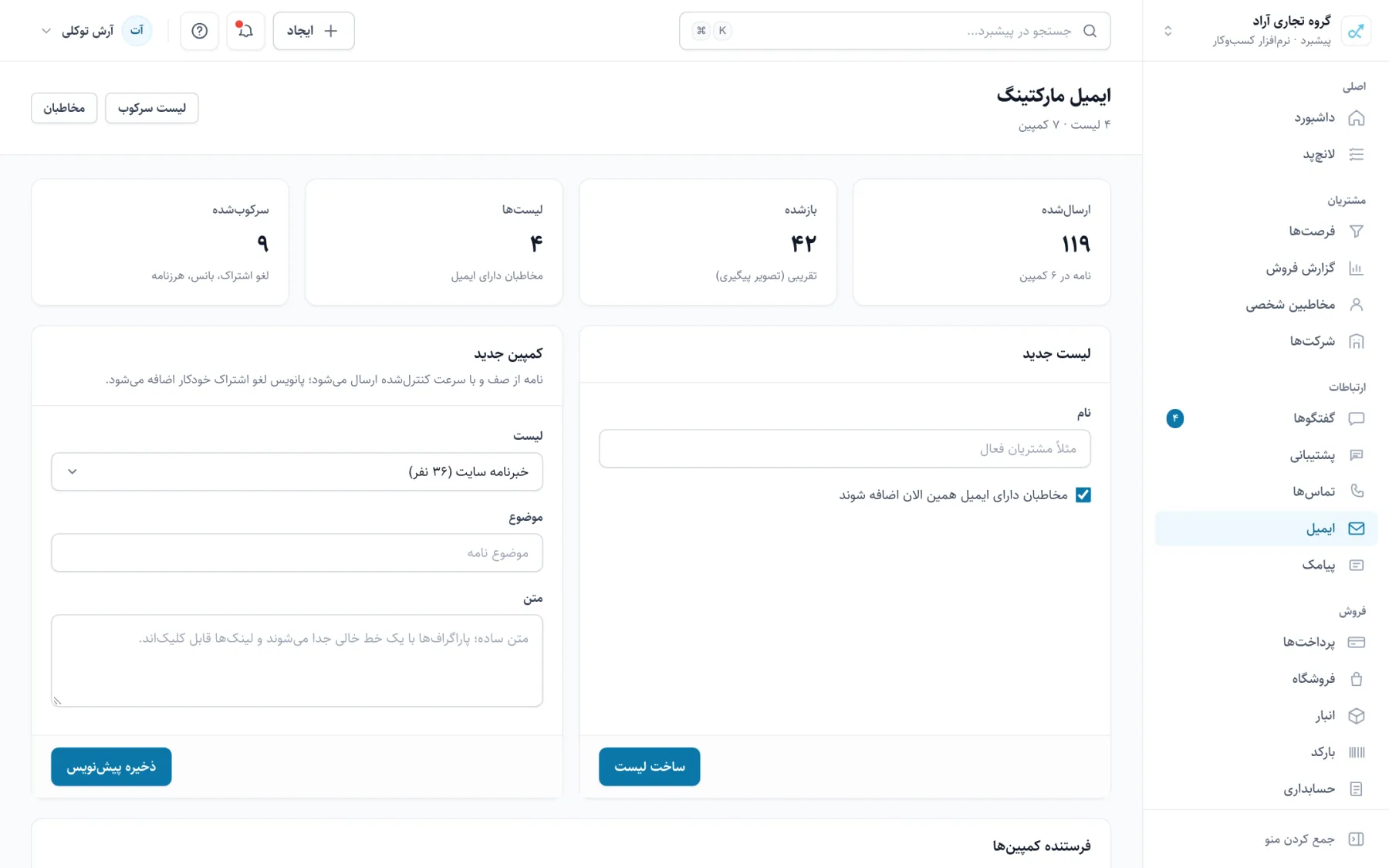 فهرست کمپینهای ایمیلی با وضعیت ارسال و نرخ بازشدن