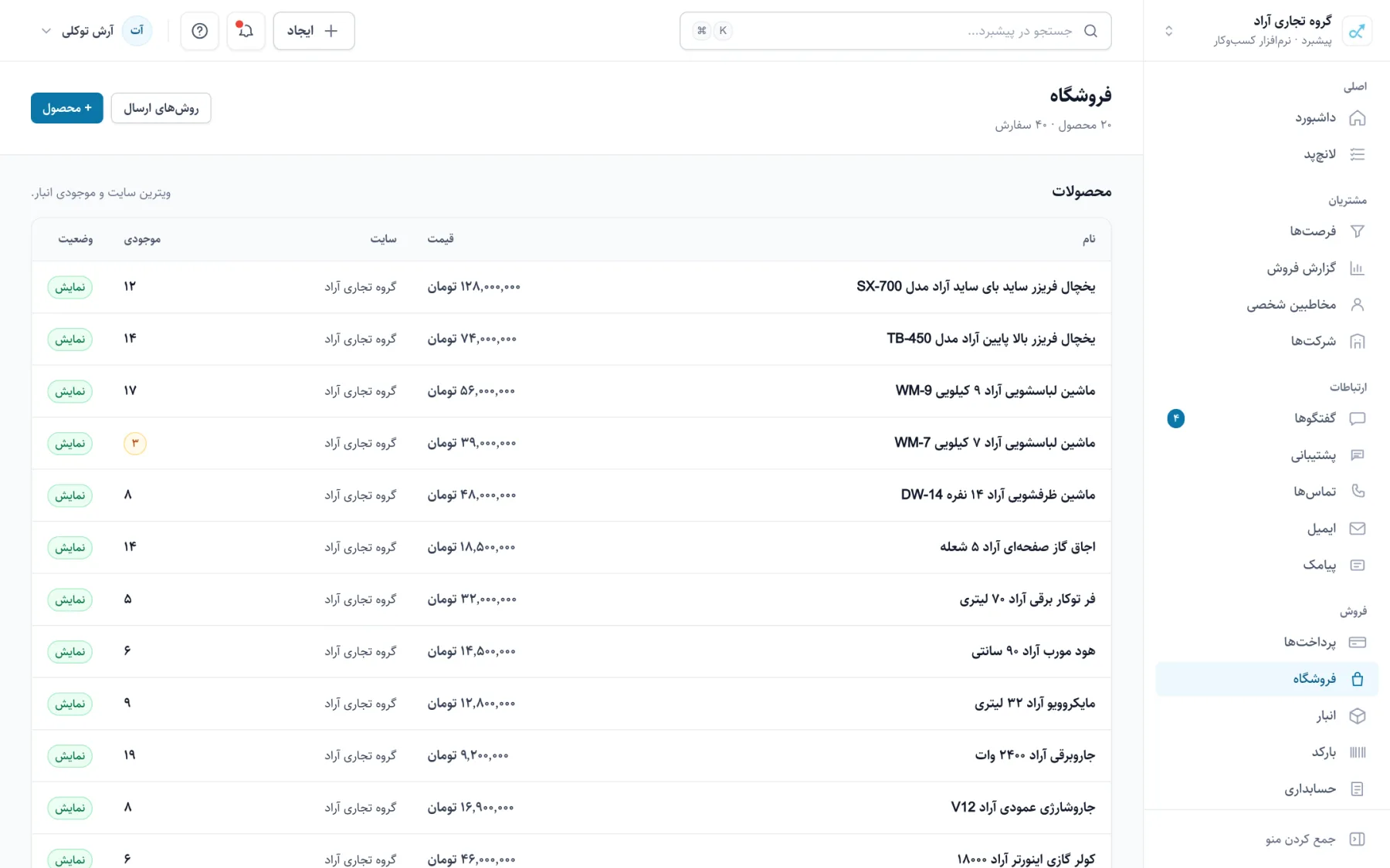 فهرست محصولات و سفارشهای فروشگاه در پنل پیشبرد